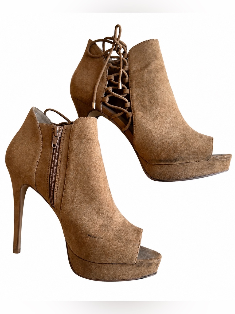 ALDO | Women’s Tan Suede Lace-Up Peep Toe Platform Heels